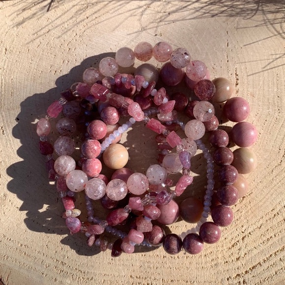 Natural Strawberry Quartz, Pink Rhodonite & Raw Tourmaline Gemstone Bracelets - Picture 3 of 15